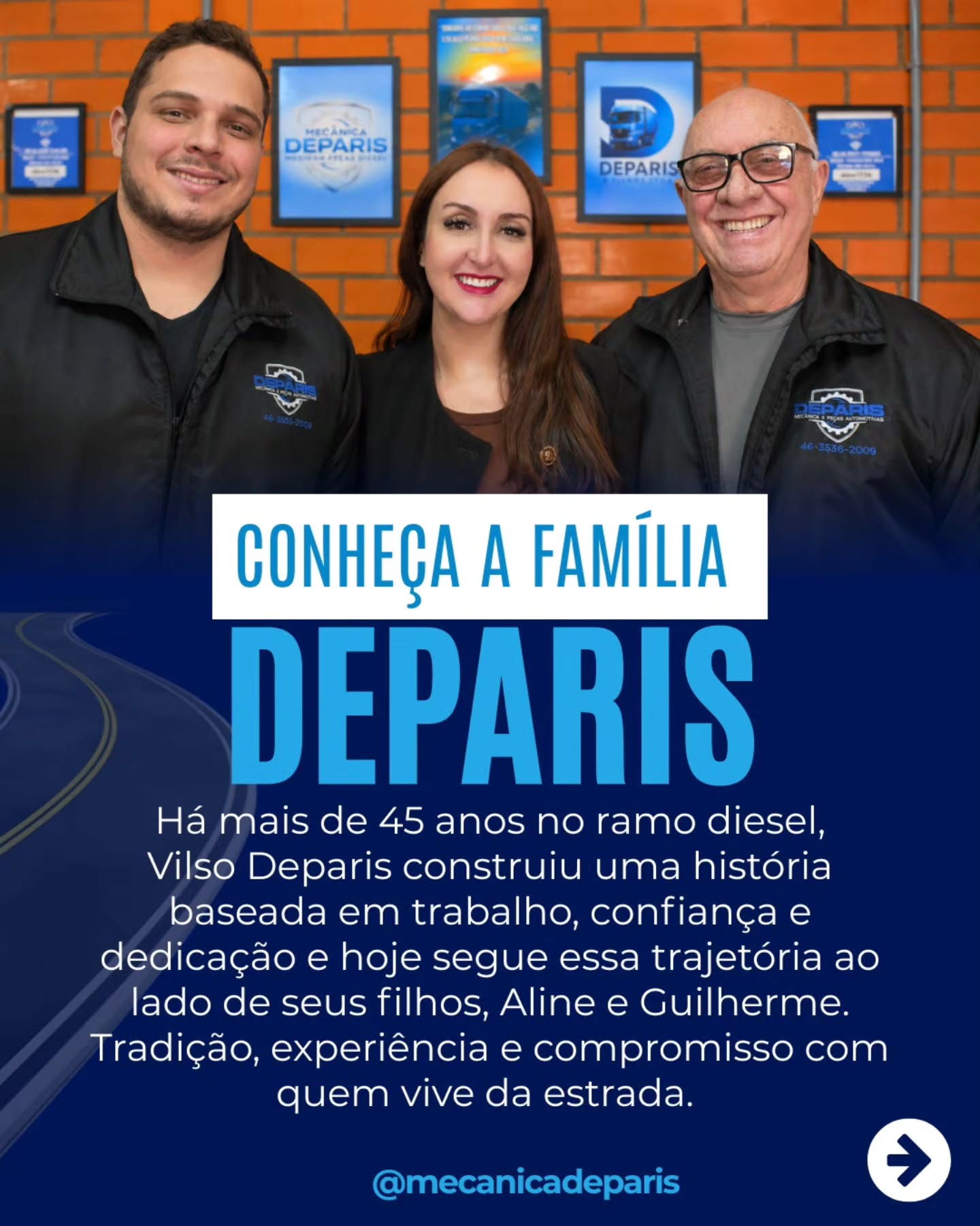 Família Deparis — Guilherme, Aline e Vilso — com o texto 'Conheça a Família Deparis'
