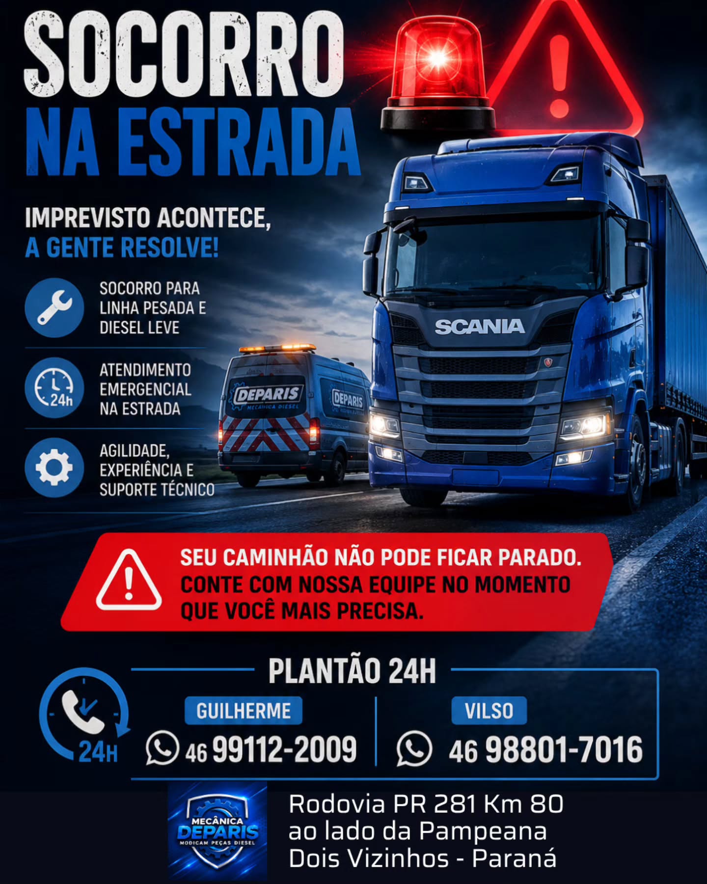 Arte com caminhão Scania na estrada e o texto 'Socorro na Estrada 24h'