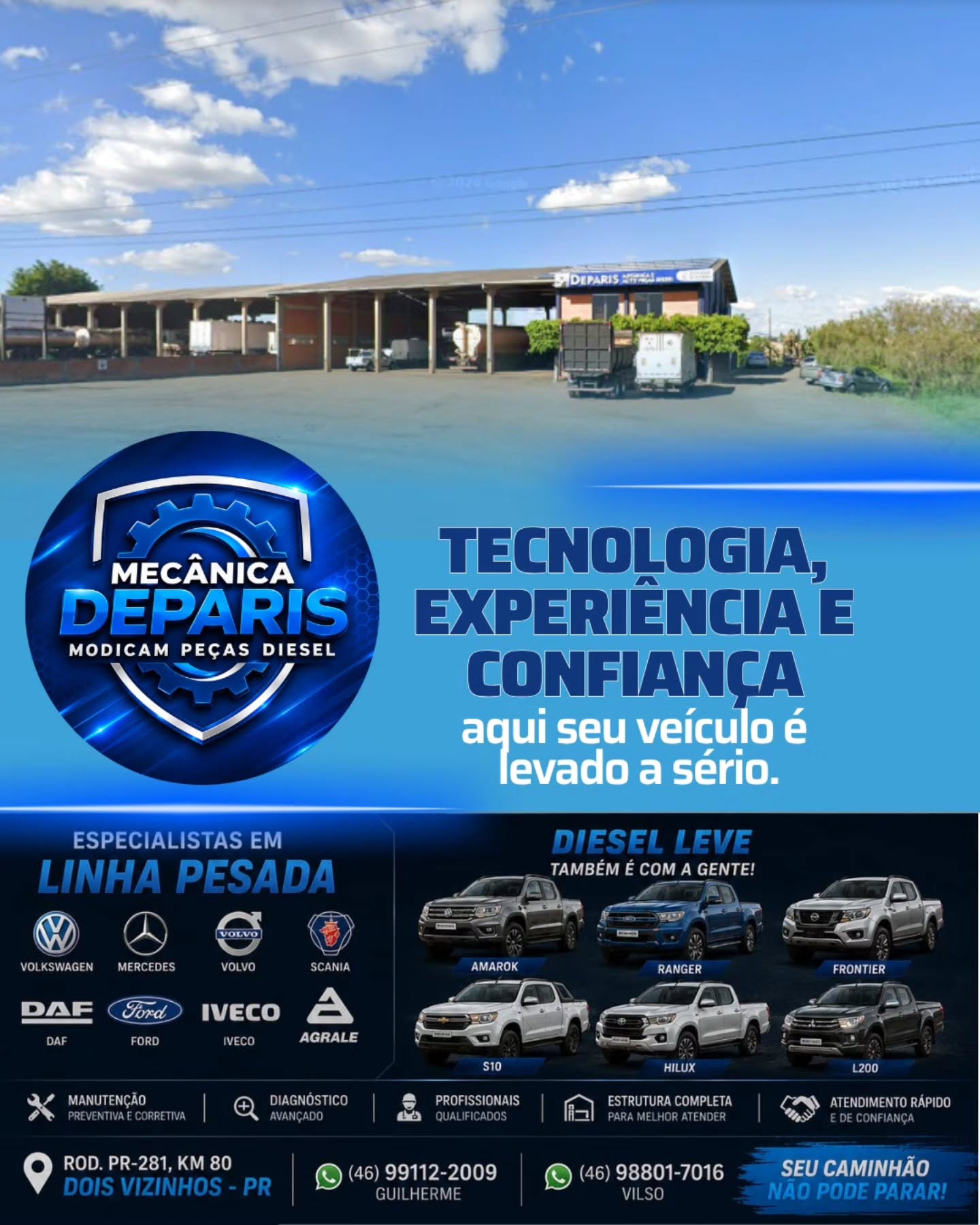 Arte com as marcas atendidas — VW, Mercedes-Benz, Scania, Volvo, Iveco, DAF, Ford e Agrale